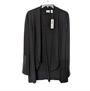 Weekends By Chico's Gwendolen Black Faux Leather Wrist Patch Draped Cardigan L
